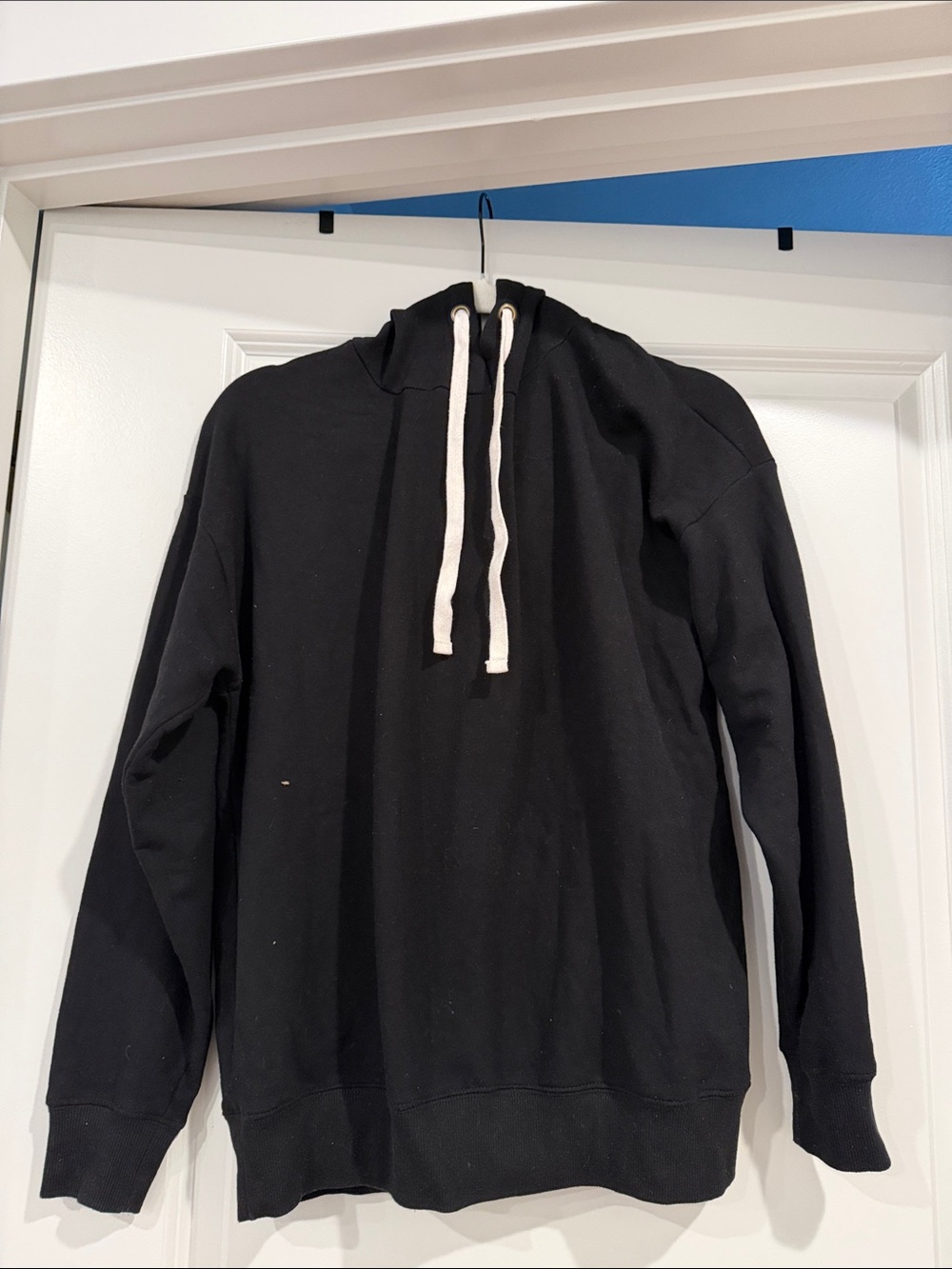 Women’s Black Pullover Hoodie Sweatshirt with White Drawstrings